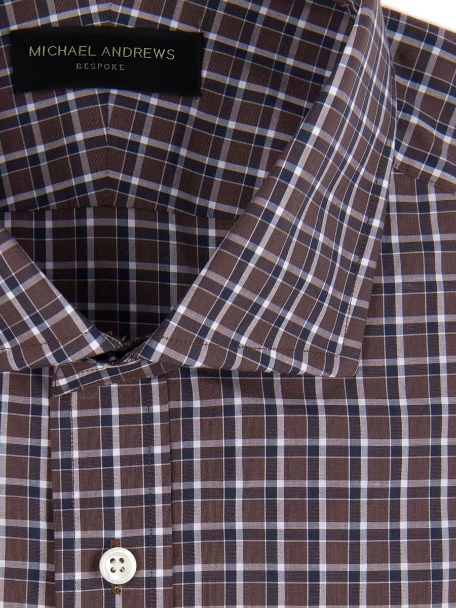 (product) Brown & Navy Overlay Check Spread Collar Shirt, close-up view - custom suits nyc bespoke tailor midtown, noho