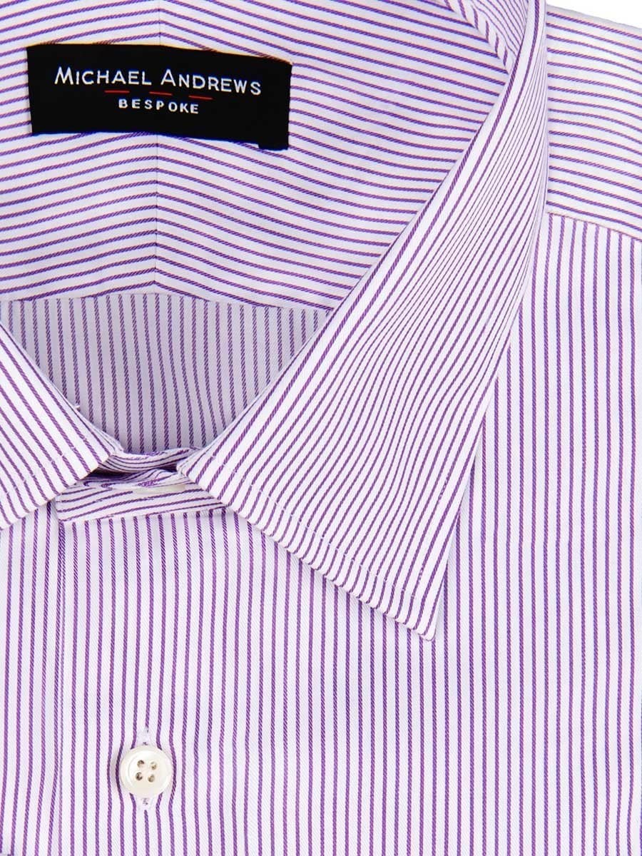 (product) Purple Thin Stripe Classic Collar Shirt, close-up view of the collar - custom suits nyc bespoke tailor midtown, noho