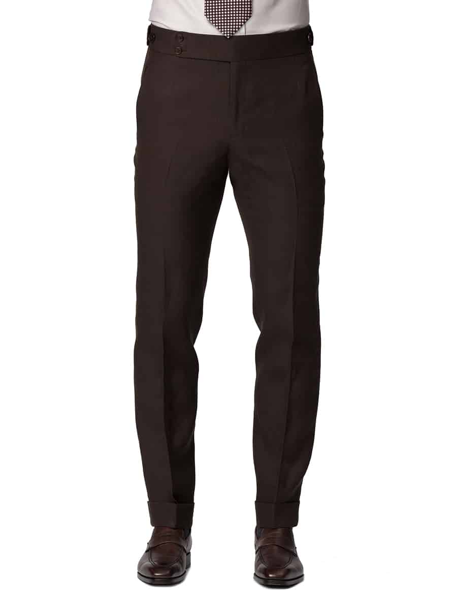 (product) Dark Brown Linen Bespoke Suit, pants detail - custom suits nyc bespoke tailor midtown, noho