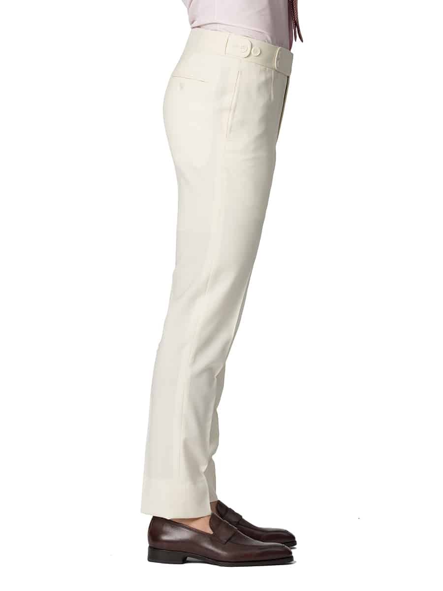 (product) Cream Plain Weave Bespoke Trouser, side view with a slim, tailored fit - custom suits nyc bespoke tailor midtown, noho