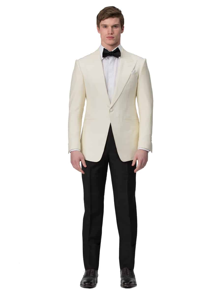 (product) Black Mohair Classic Bespoke Tuxedo Trouser, paired with cream dinner jacket - custom suits nyc bespoke tailor midtown, noho