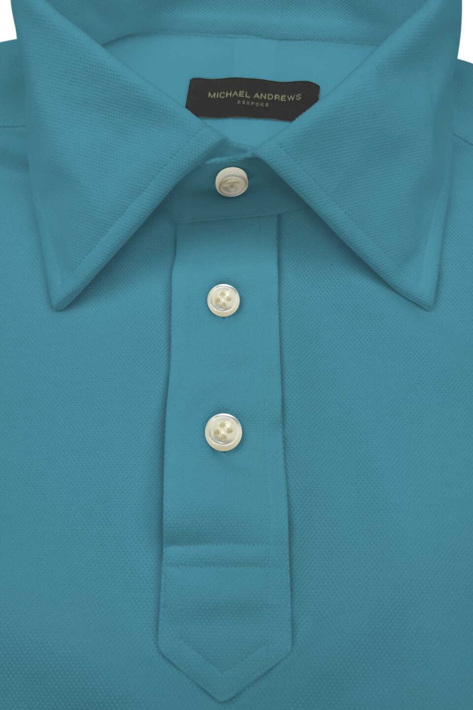 (product) Teal Pique Polo Shirt, close-up of collar and buttons - custom suits nyc bespoke tailor midtown, noho