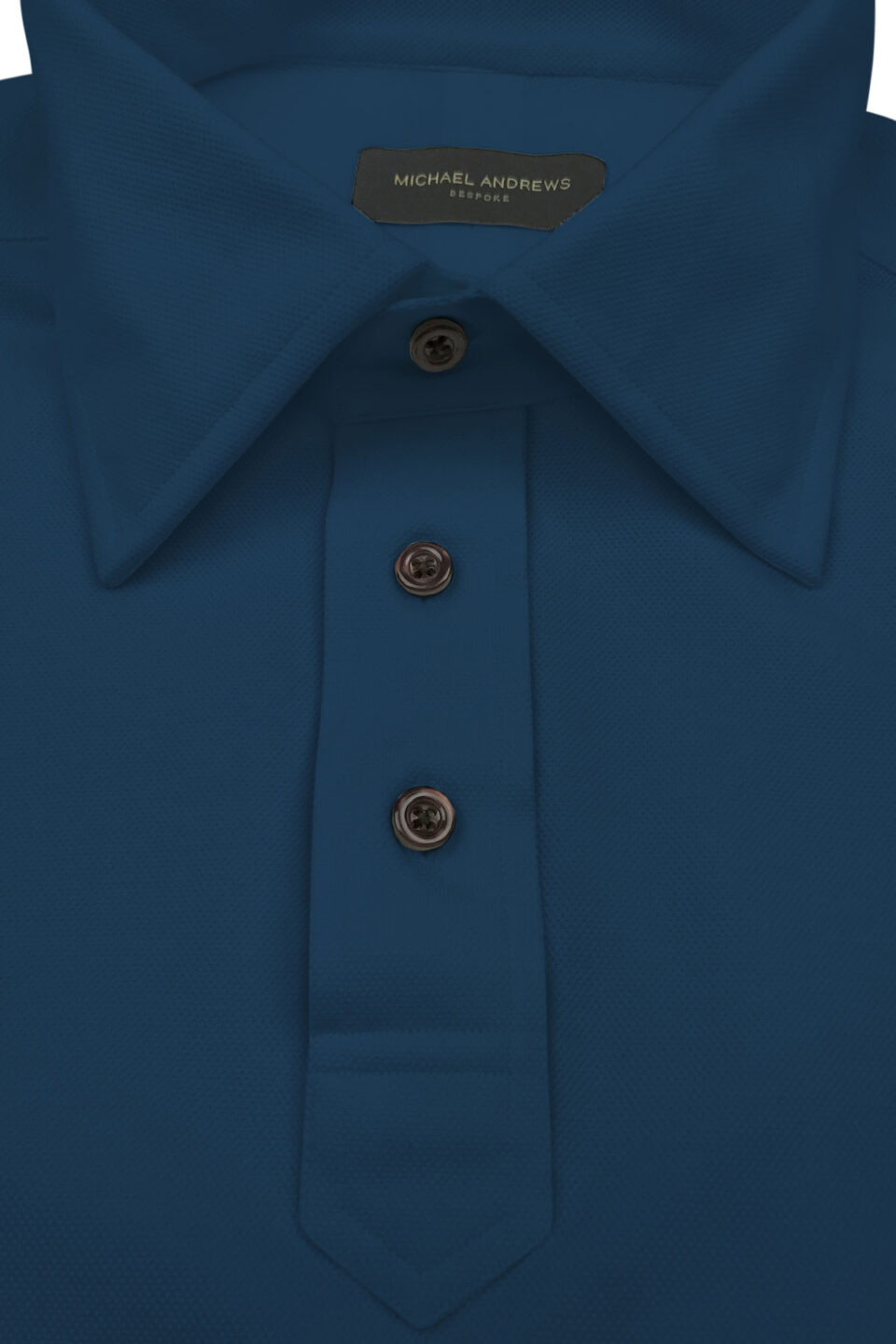 (product) Prussian Blue Pique Polo Shirt, close-up of collar and buttons - custom suits nyc bespoke tailor midtown, noho