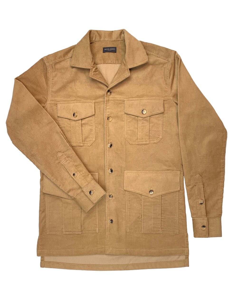 (product) Light Brown Stretch Corduroy Safari Shirt Jacket with buttoned chest and waist pockets, laid flat for display - custom suits nyc bespoke tailor midtown, noho
