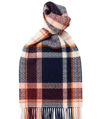 (product) Navy x Orange Diamond Check Lambswool Scarf, knotted - custom suits nyc bespoke tailor midtown, noho