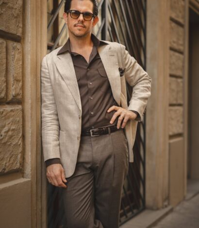 Cory wearing a tan linen sport coat with a brown shirt and trousers - custom suits nyc bespoke tailor midtown, noho