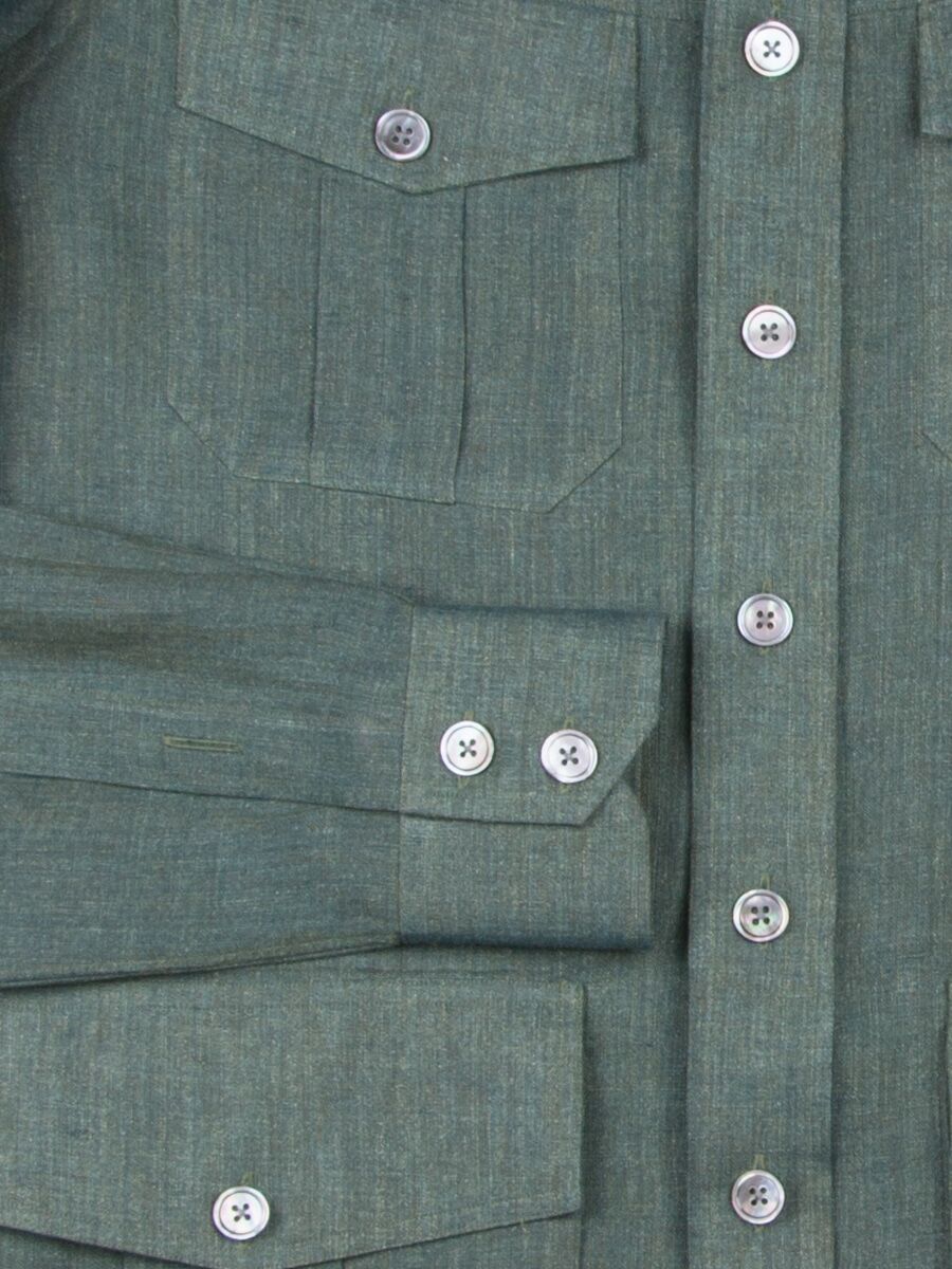 (product) Green Linen Safari Shirt, detailed view of front pockets and buttons