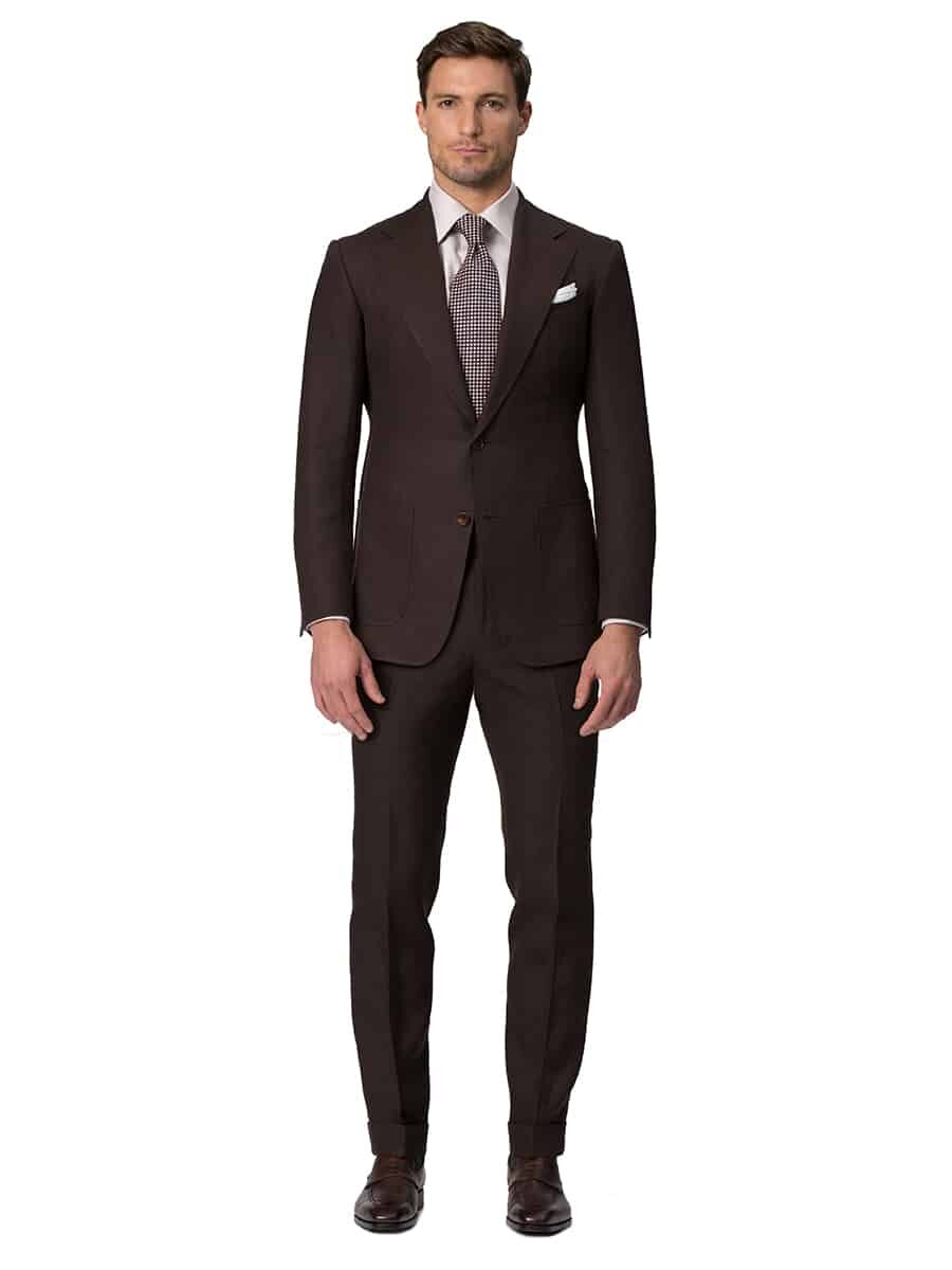 (product) Dark Brown Linen Bespoke Suit, full front view