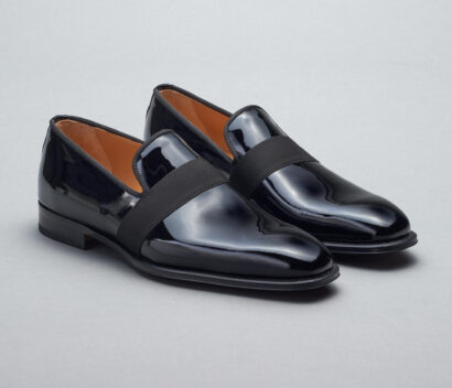 (product) Catania Black Patent Formal Loafer, angled pair view - custom suits nyc bespoke tailor midtown, noho