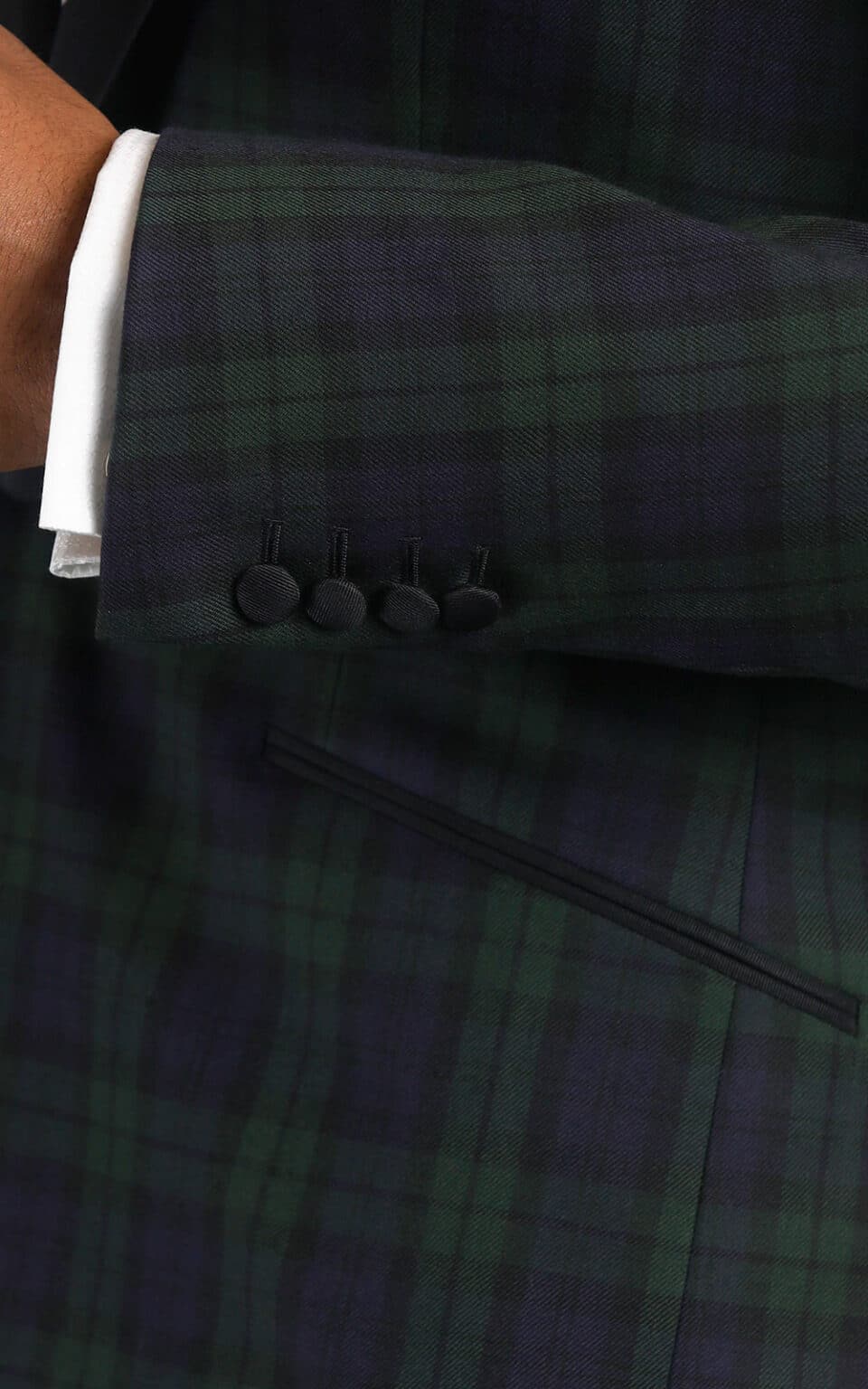 (product) Black Watch Tartan One-Button Wool MTM Dinner Jacket, cuff detail - custom suits nyc bespoke tailor midtown, noho