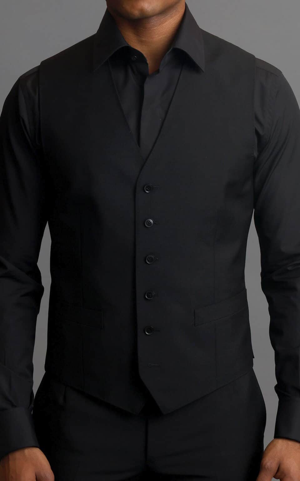 (product) Black Wool/Mohair MTM Suit, vest view - custom suits nyc bespoke tailor midtown, noho