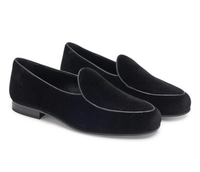(product) Black Velvet Belgian Slipper, Side view of the pair - custom suits nyc bespoke tailor midtown, noho