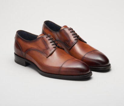 (product) Bergamo Oxford in Burnished Marmo Brown, Front view of the pair - custom suits nyc bespoke tailor midtown, noho