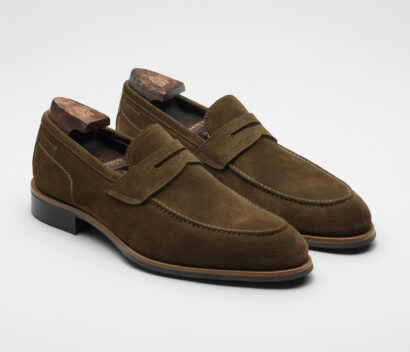 (product) Brera Militare Grey Suede Loafer, Front view of the pair - custom suits nyc bespoke tailor midtown, noho