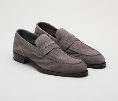 (product) Brera Peltro Grey Suede Loafer, Front view of the pair - custom suits nyc bespoke tailor midtown, noho