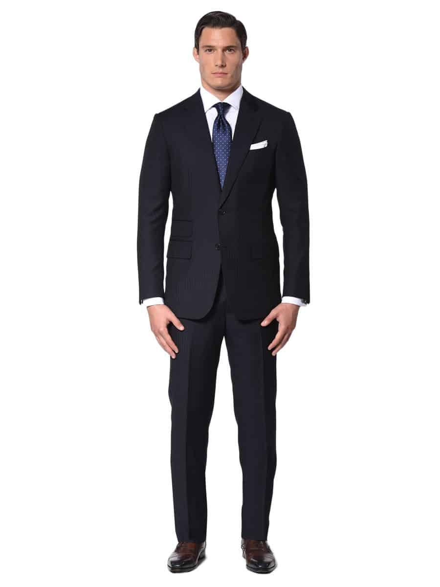 (product) Navy Herringbone Bespoke Suit, full front view - custom suits nyc bespoke tailor midtown, noho