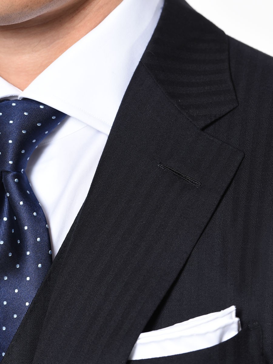 (product) Navy Herringbone Bespoke Suit, lapel detail - custom suits nyc bespoke tailor midtown, noho