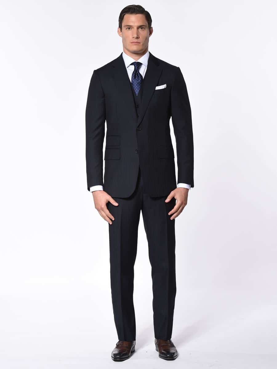 (product) Navy Herringbone Bespoke Suit, full front view - custom suits nyc bespoke tailor midtown, noho