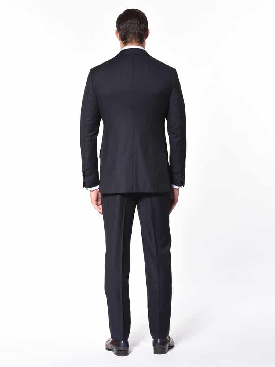(product) Navy Herringbone Bespoke Suit, back view - custom suits nyc bespoke tailor midtown, noho