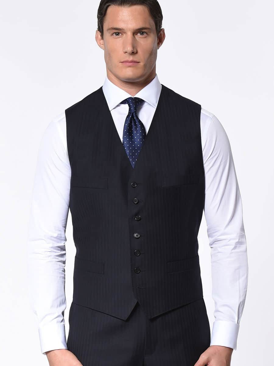 (product) Navy Herringbone Classic 7-Button Vest - custom suits nyc bespoke tailor midtown, noho