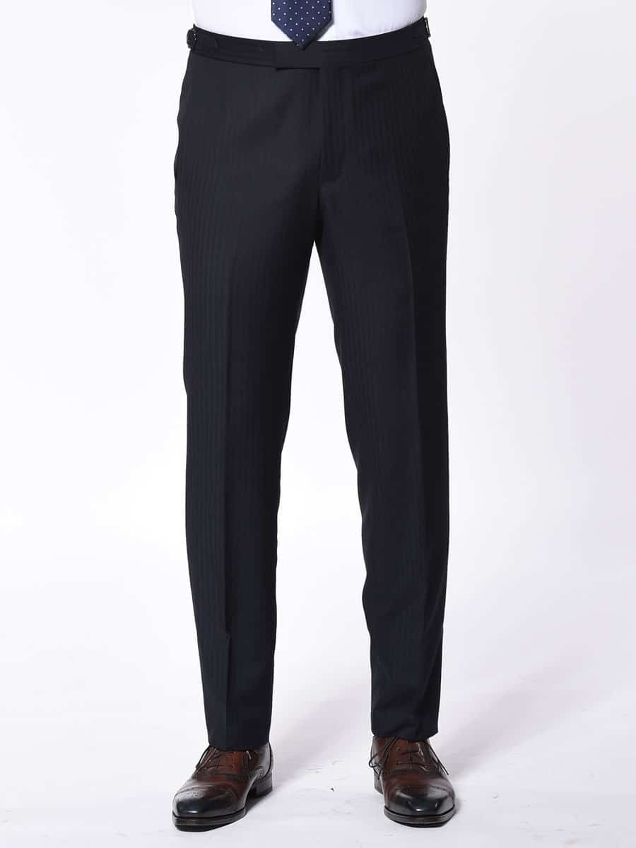 (product) Navy Herringbone Bespoke Suit, pants detail - custom suits nyc bespoke tailor midtown, noho