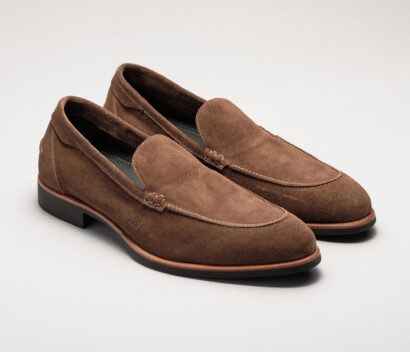 (product) Etna Tundra Suede Loafer, Front view of the pair - custom suits nyc bespoke tailor midtown, noho