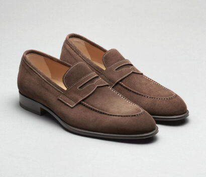 (product) Amato Pyske Suede Loafers, Front view of the pair - custom suits nyc bespoke tailor midtown, noho