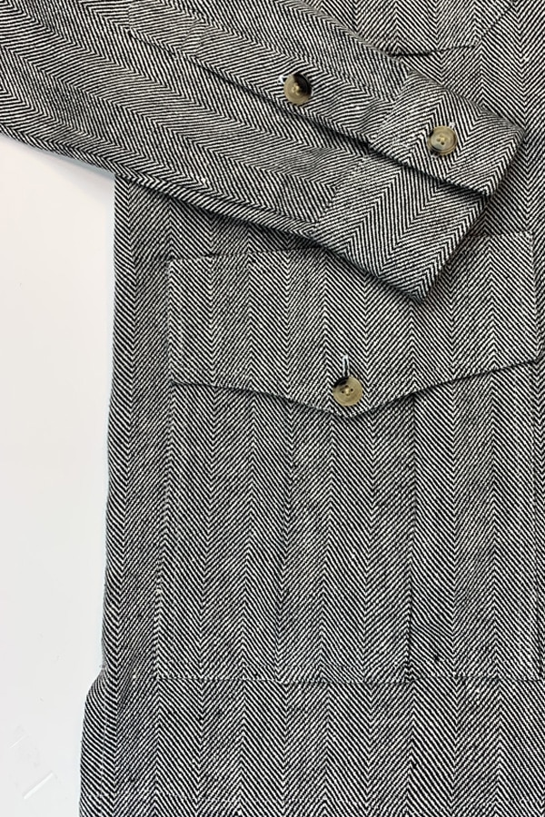 (product) Black & White Herringbone Linen Safari Shirt Jacket, cuff and pocket details - custom suits nyc bespoke tailor midtown, noho