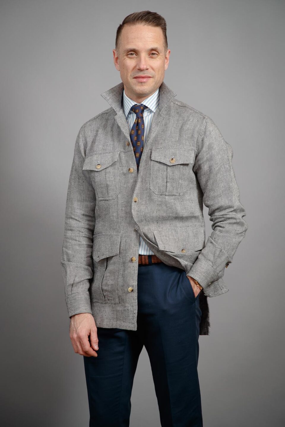 (product) Black & White Herringbone Linen Safari Shirt Jacket - custom suits nyc bespoke tailor midtown, noho