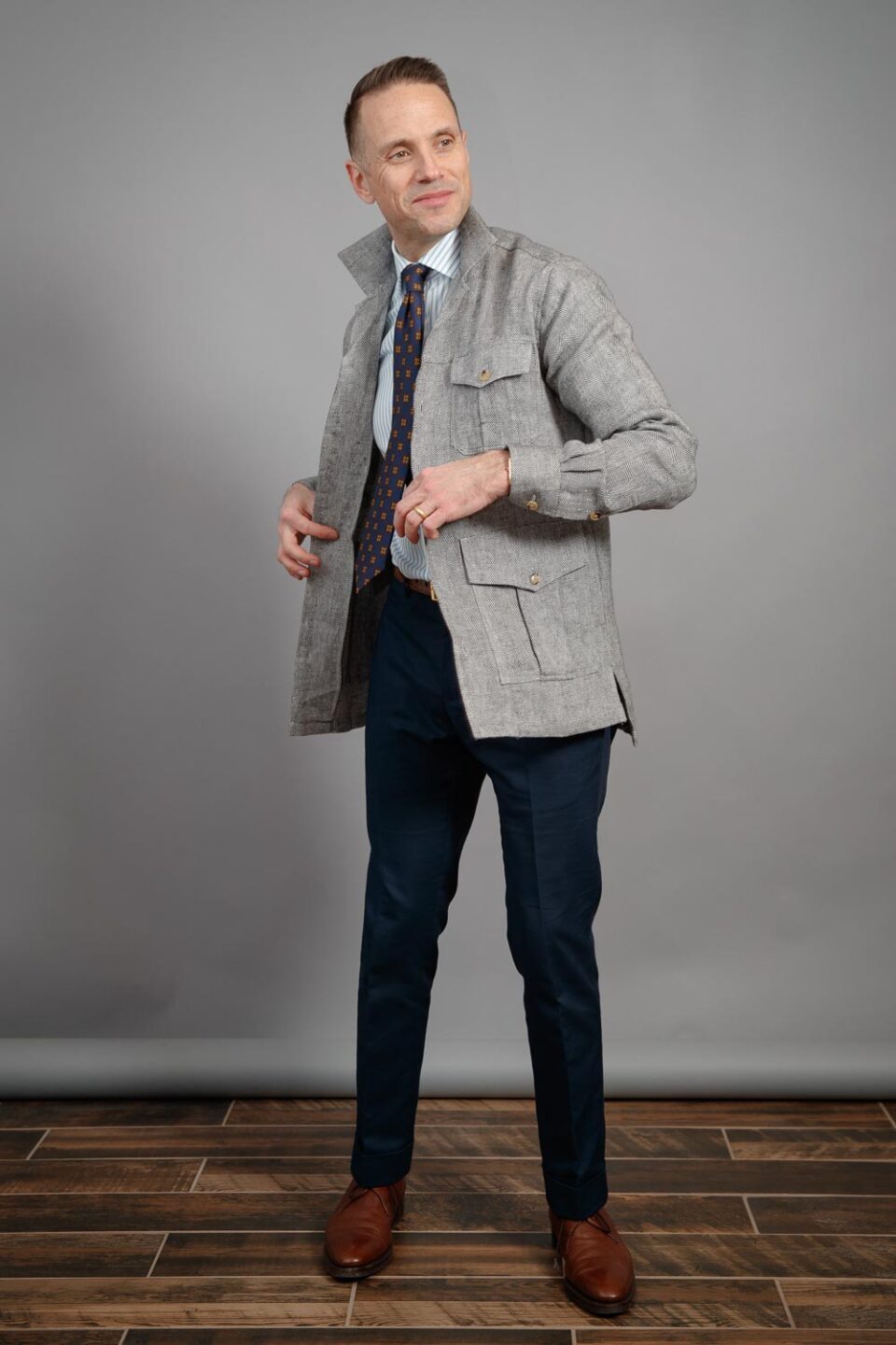 (product) Black & White Herringbone Linen Safari Shirt Jacket - custom suits nyc bespoke tailor midtown, noho