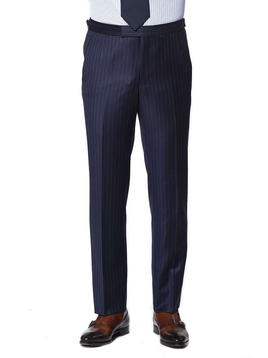 (product) Navy Chalk Stripe Bespoke Suit, pants detail - custom suits nyc bespoke tailor midtown, noho