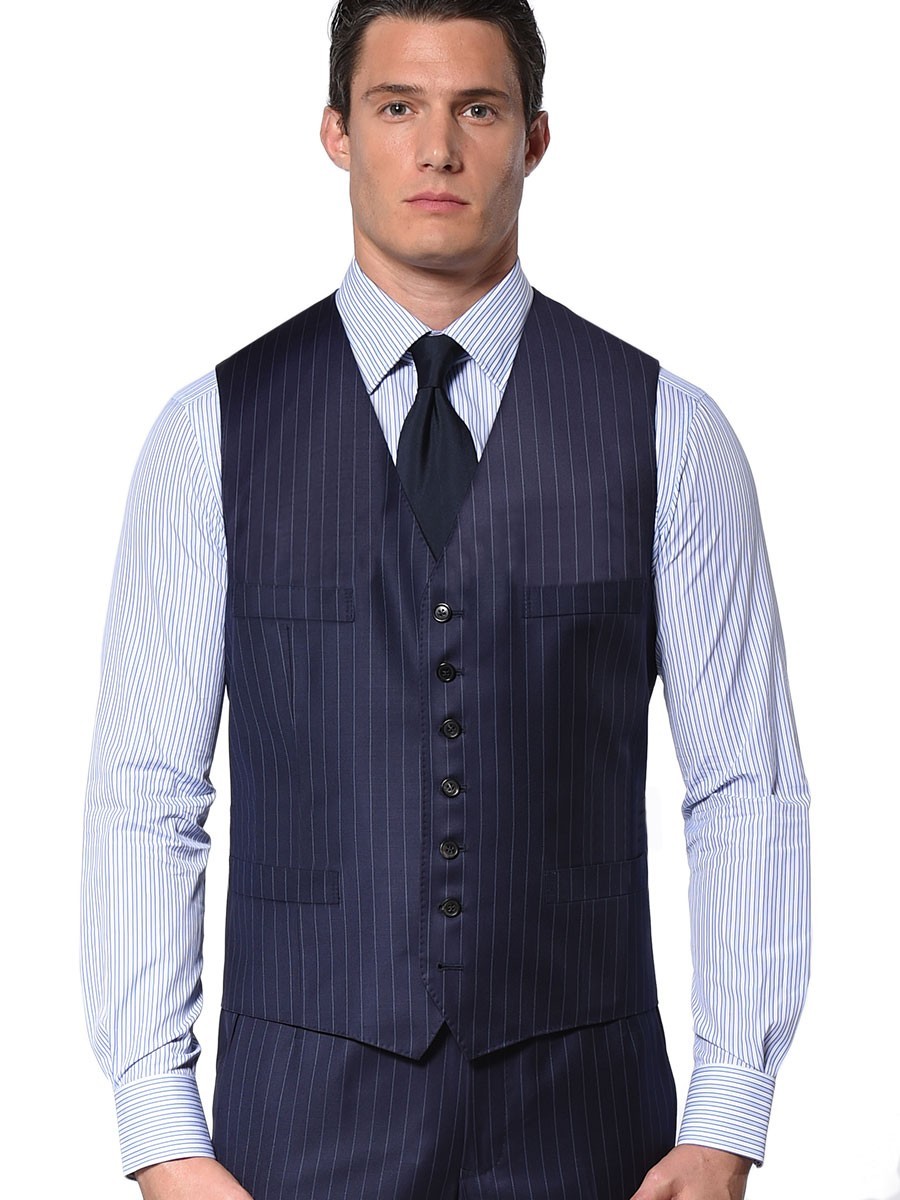 (product) Navy Chalk Stripe Bespoke Suit Vest - custom suits nyc bespoke tailor midtown, noho