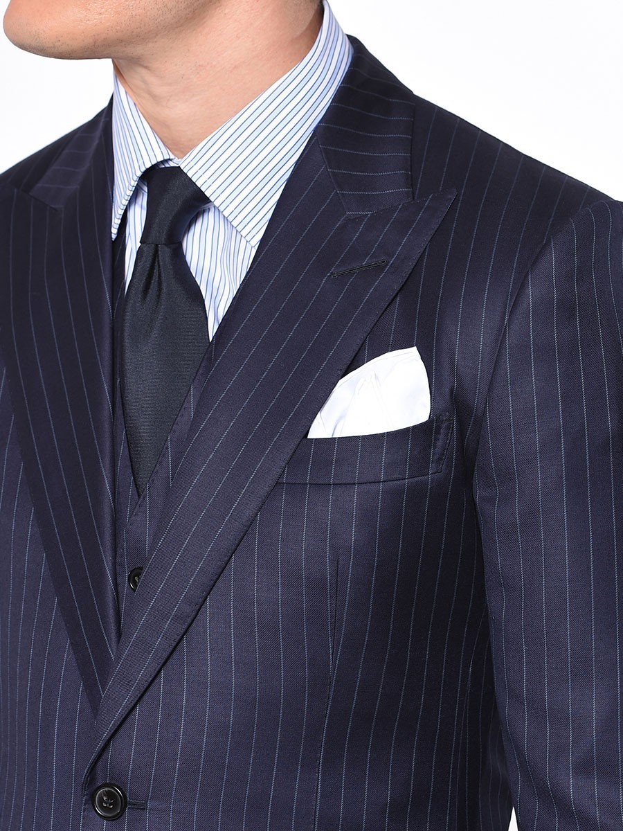 (product) Navy Chalk Stripe Bespoke Suit, lapel detail - custom suits nyc bespoke tailor midtown, noho