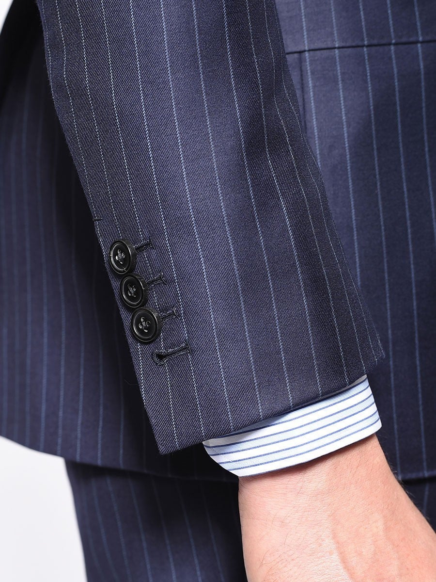 (product) Navy Chalk Stripe Bespoke Suit, cuff detail - custom suits nyc bespoke tailor midtown, noho