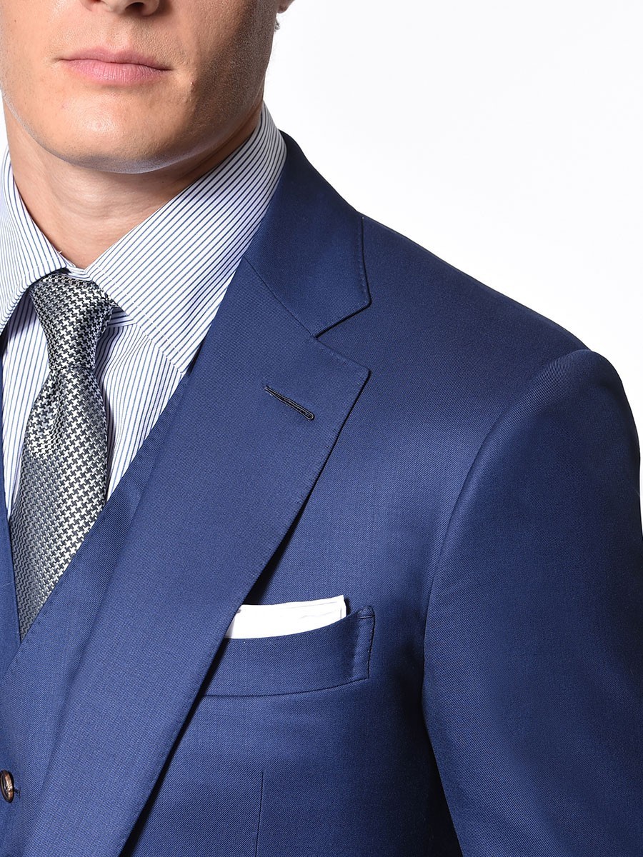 (product) Royal Blue 150's Bespoke Suit, lapel detail - custom suits nyc bespoke tailor midtown, noho