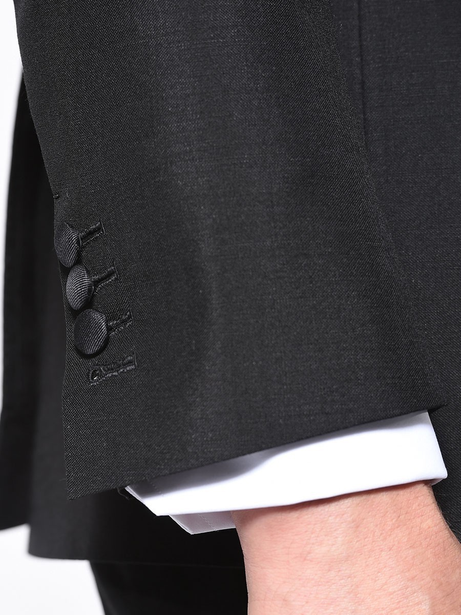 (product) Black Mohair Classic Grosgrain Bespoke Tuxedo, cuff detail with button accents - custom suits nyc bespoke tailor midtown, noho