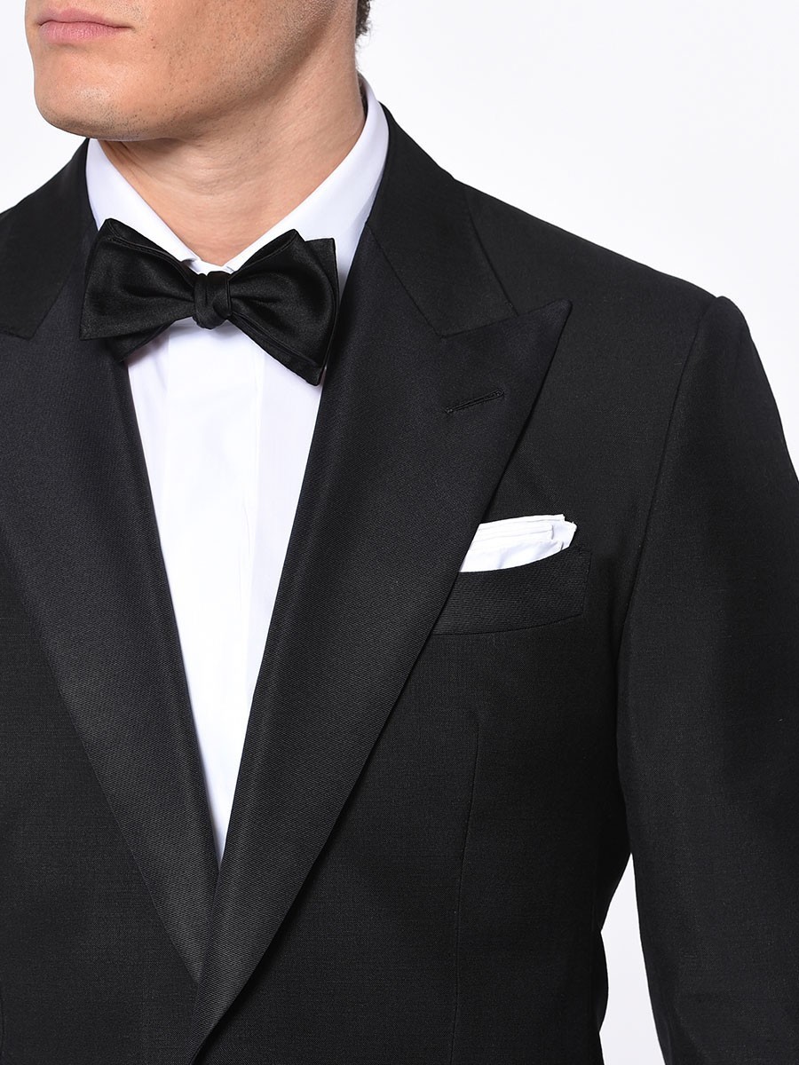 (product) Black Mohair Classic Grosgrain Bespoke Tuxedo, lapel detail - custom suits nyc bespoke tailor midtown, noho
