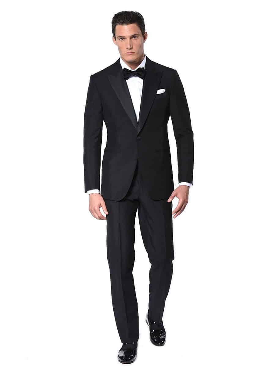 (product) Black Mohair Classic Grosgrain Bespoke Tuxedo, full front view - custom suits nyc bespoke tailor midtown, noho