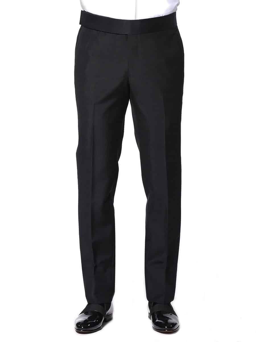 (product) Black Mohair Classic Grosgrain Bespoke Tuxedo, pants detail - custom suits nyc bespoke tailor midtown, noho