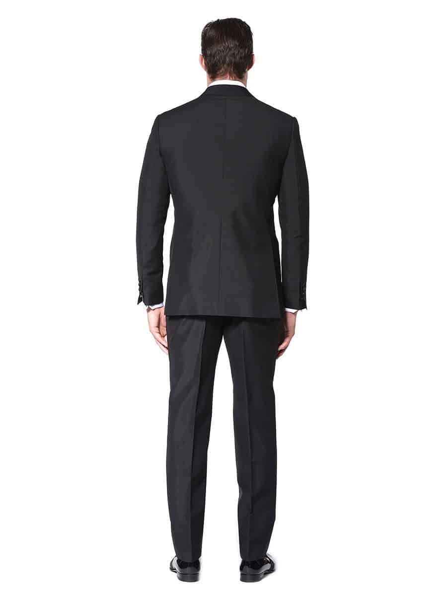 (product) Black Mohair Classic Grosgrain Bespoke Tuxedo, back view showcasing tailored silhouette - custom suits nyc bespoke tailor midtown, noho