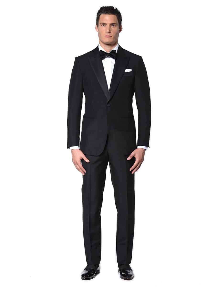 (product) Black Mohair Classic Grosgrain Bespoke Tuxedo, full front view - custom suits nyc bespoke tailor midtown, noho