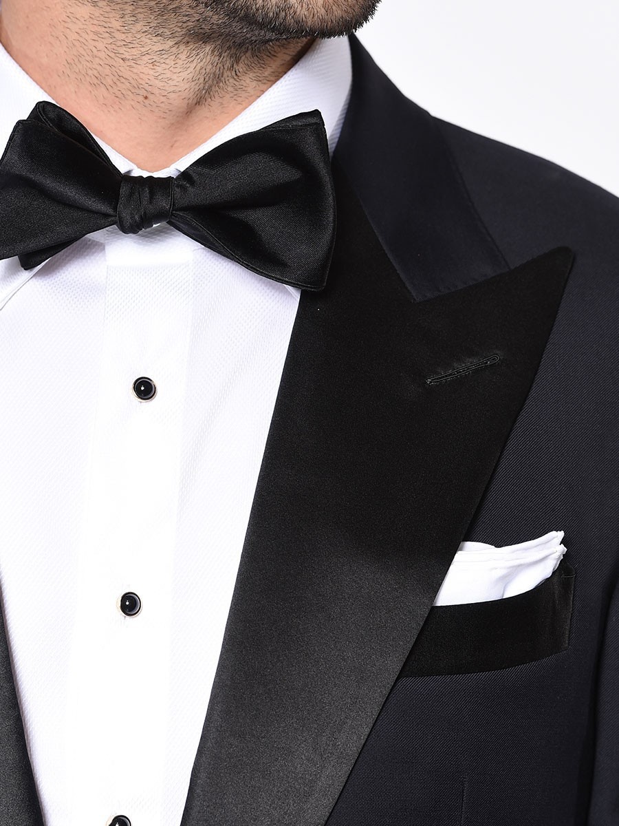 (product) Midnight Barathea Classic Satin Bespoke Tuxedo, lapel detail - custom suits nyc bespoke tailor midtown, noho