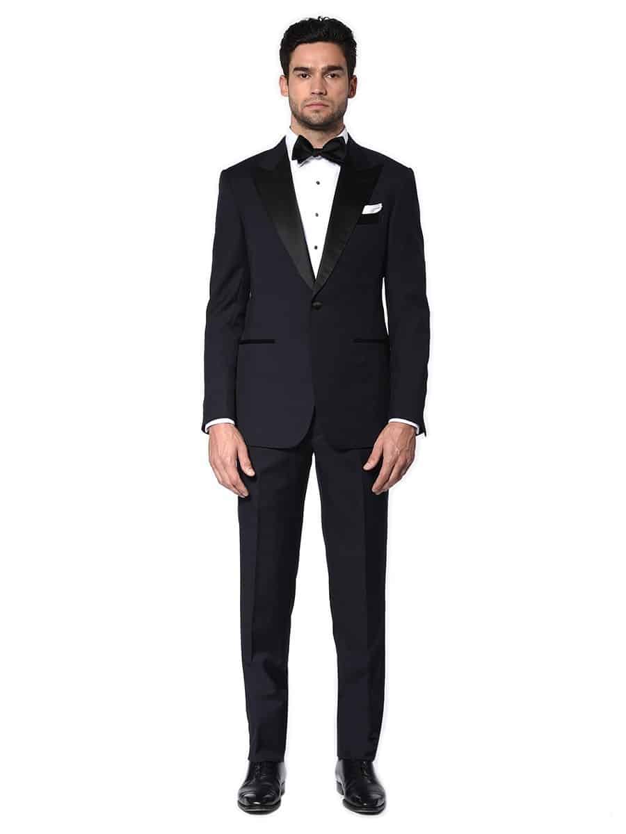 (product) Midnight Barathea Classic Satin Bespoke Tuxedo, full front view - custom suits nyc bespoke tailor midtown, noho