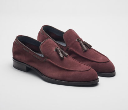 (product) Napoli Oxblood Suede Loafer, Angled pair view - custom suits nyc bespoke tailor midtown, noho
