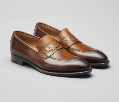 (product) Rimini Marron Loafer, Angled pair view - custom suits nyc bespoke tailor midtown, noho