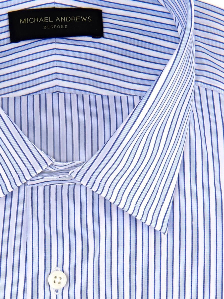 (product) Blue Tonal Complex Stripe Classic Collar Shirt, close-up view - custom suits nyc bespoke tailor midtown, noho