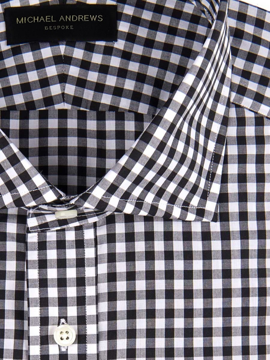 (product) Black Gingham Spread Collar Shirt, close-up view - custom suits nyc bespoke tailor midtown, noho
