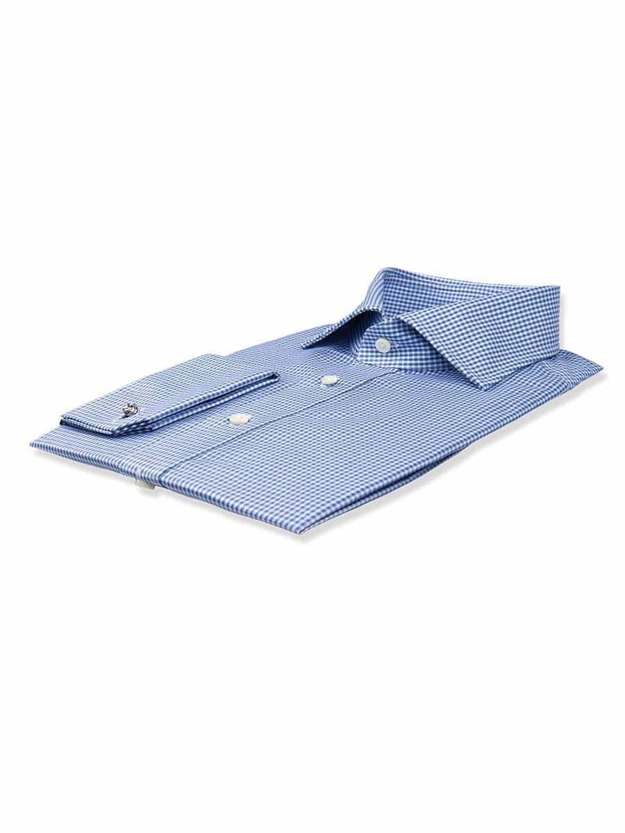 (product) Blue Textured Micro Gingham Spread Collar Shirt, folded and displayed flat - custom suits nyc bespoke tailor midtown, noho