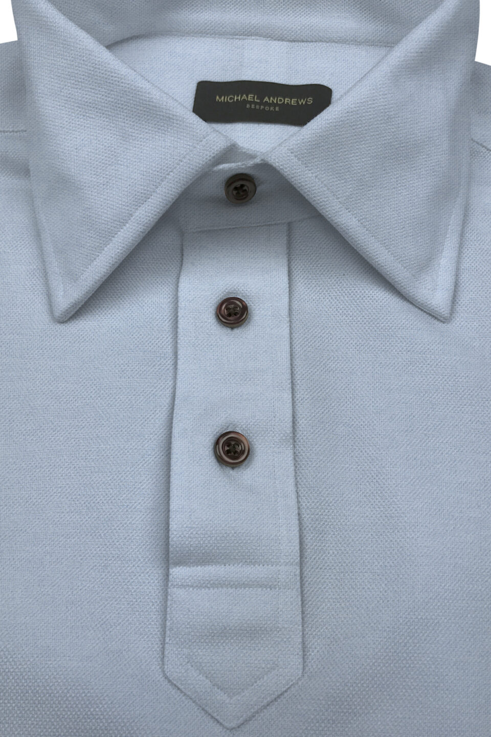 (product) Light Blue Pique Short Sleeve Polo Shirt, showcasing collar and button details - custom suits nyc bespoke tailor midtown, noho