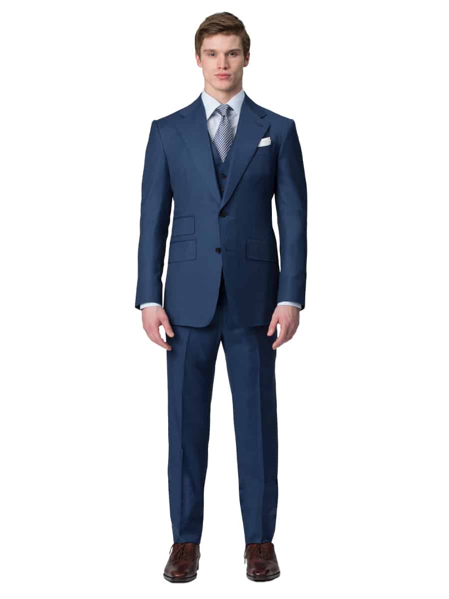 (product) Marine Blue Sharkskin Bespoke Suit, full front view - custom suits nyc bespoke tailor midtown, noho